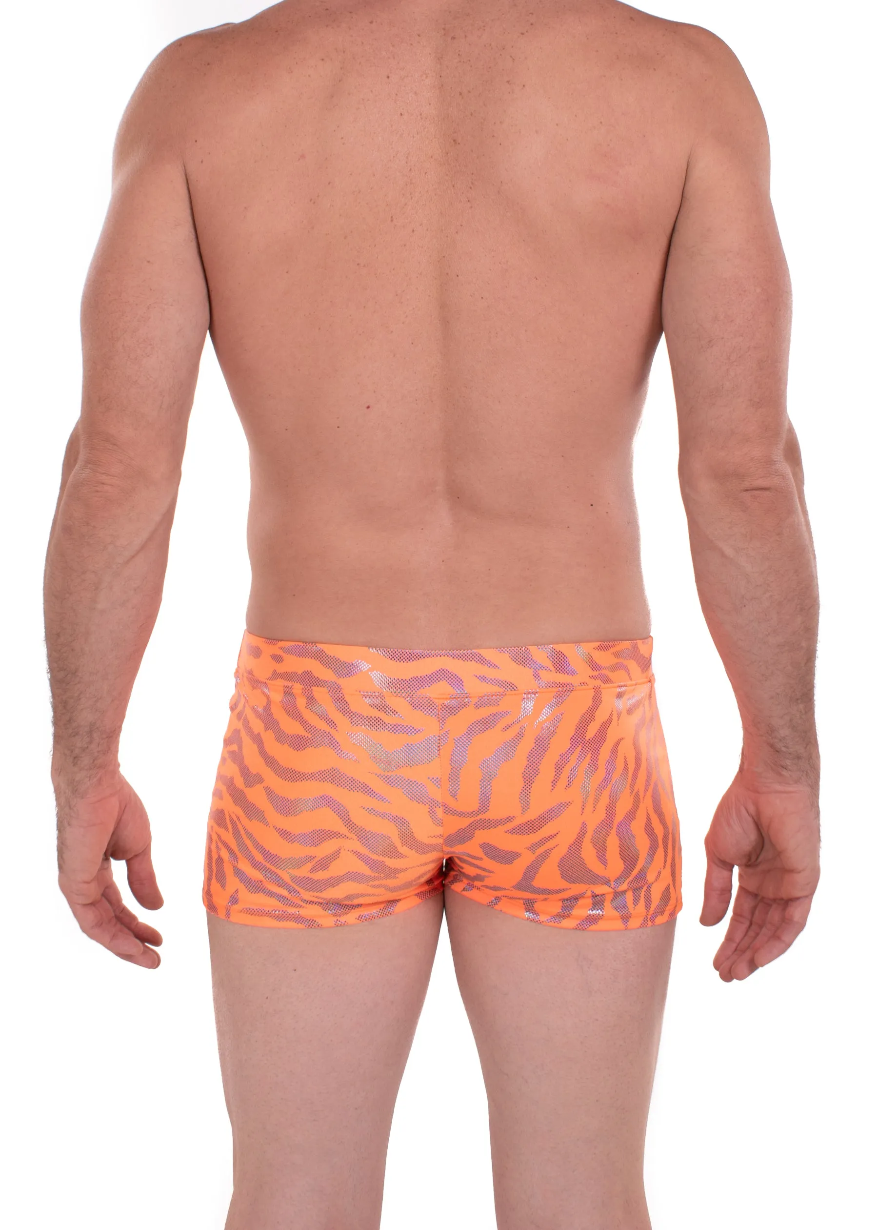 Tiger Neon Orange: Animal Print Brief Booty Shorts // Square Front Swim Trunks Festival Shorts