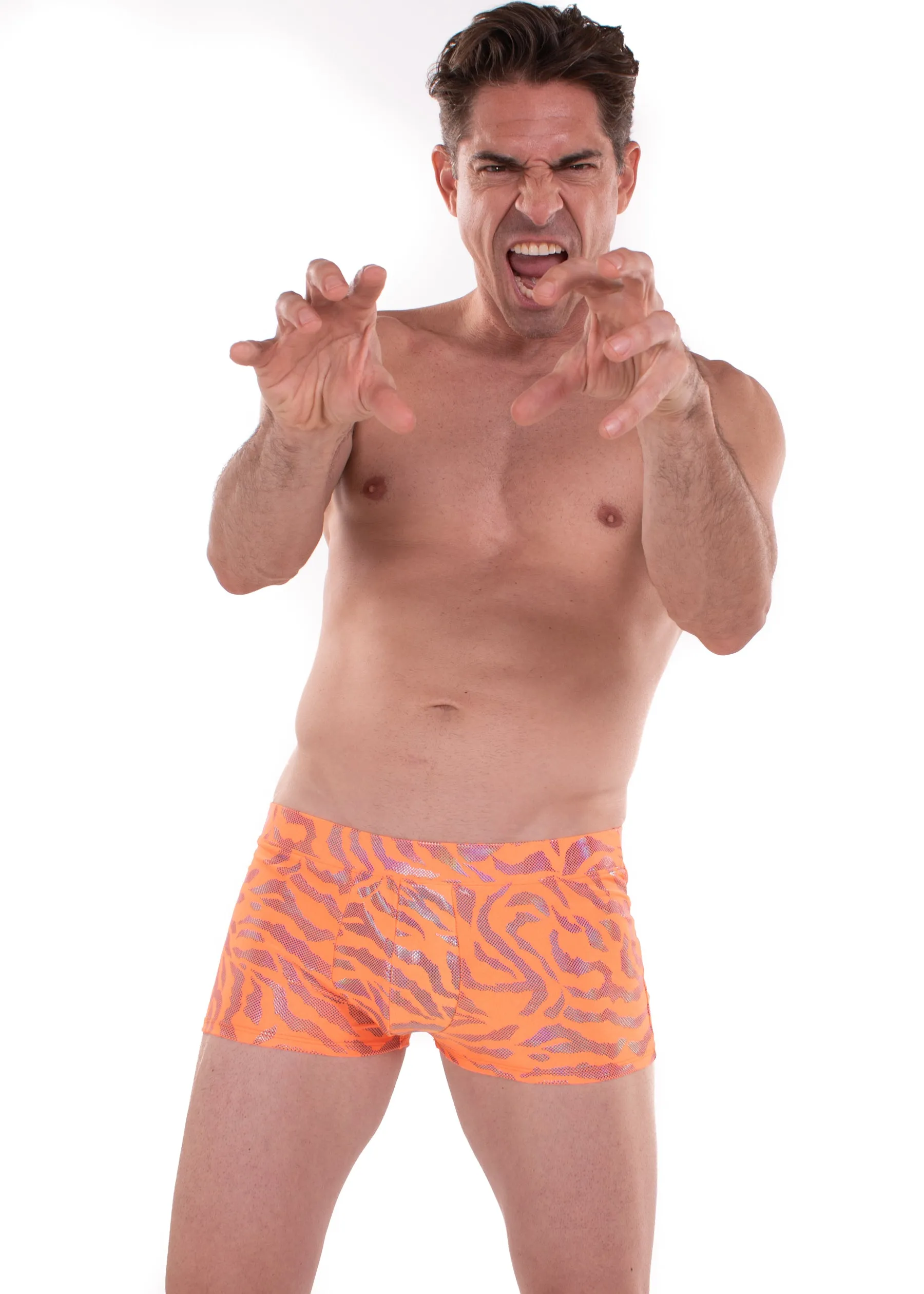 Tiger Neon Orange: Animal Print Brief Booty Shorts // Square Front Swim Trunks Festival Shorts