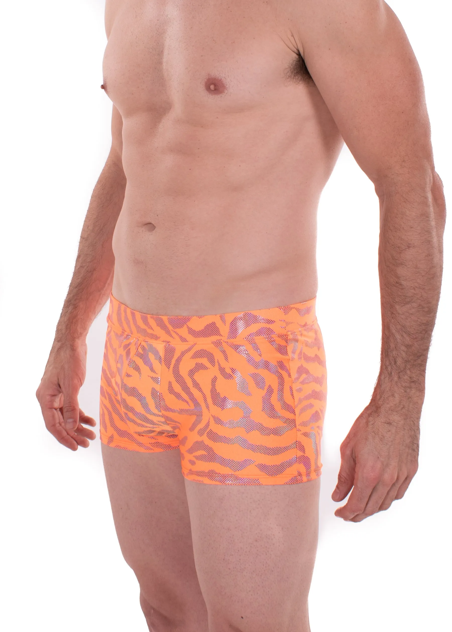 Tiger Neon Orange: Animal Print Brief Booty Shorts // Square Front Swim Trunks Festival Shorts