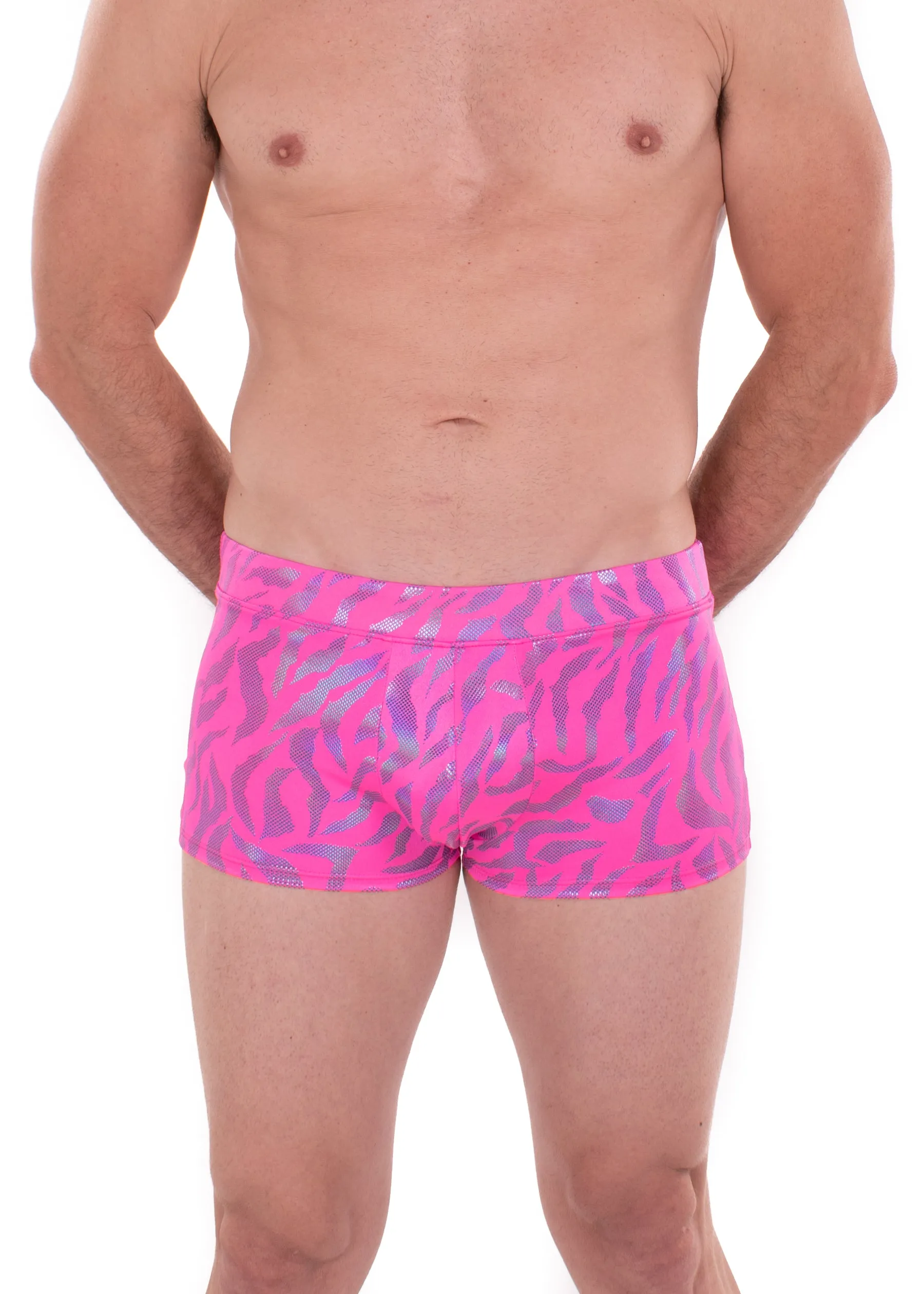 Tiger Neon Pink: Animal Print Brief Booty Shorts // Square Front Swim Trunks Festival Shorts