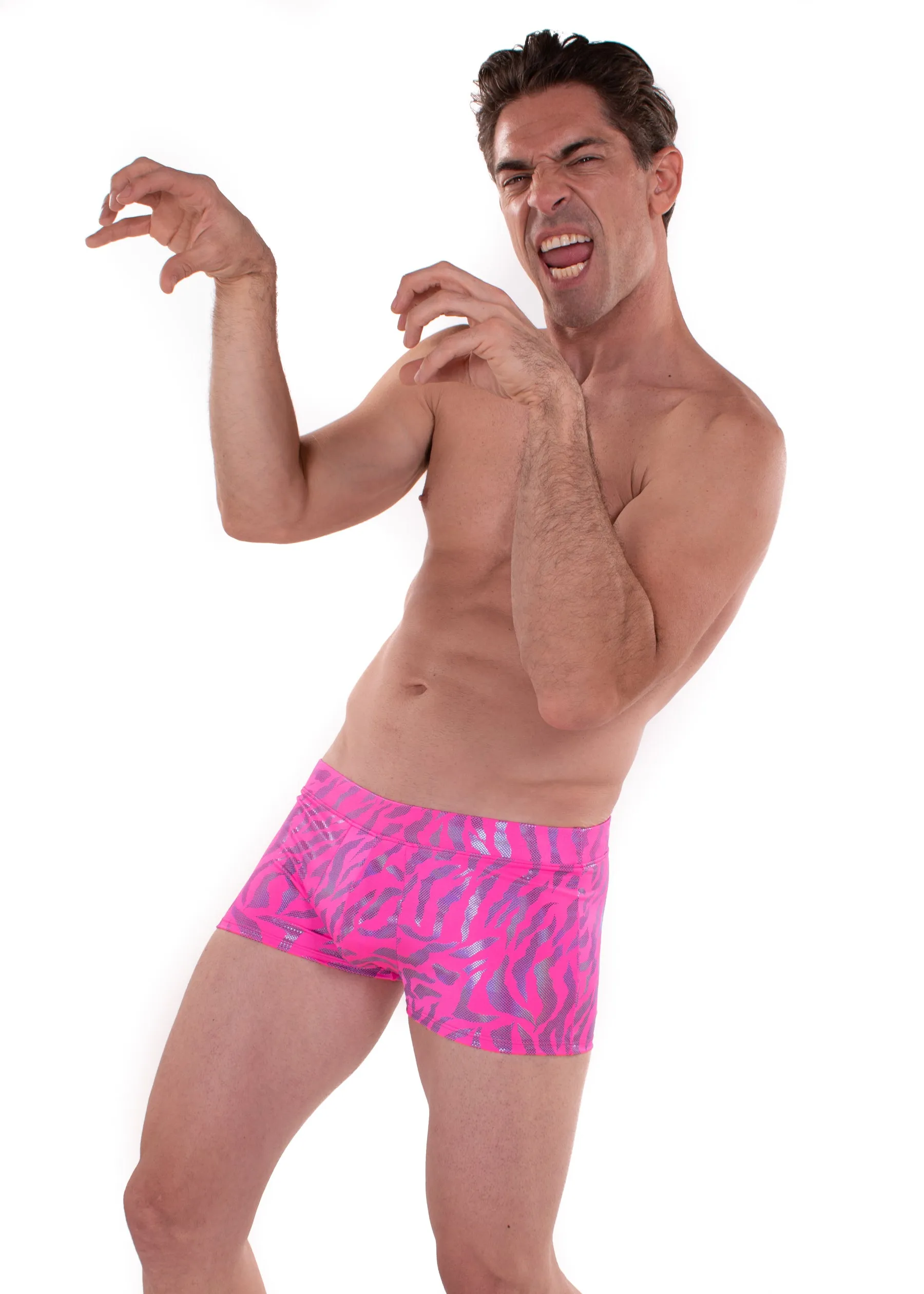 Tiger Neon Pink: Animal Print Brief Booty Shorts // Square Front Swim Trunks Festival Shorts