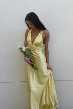 Twist V-neck Yellow Open Back Sheath Long Dress