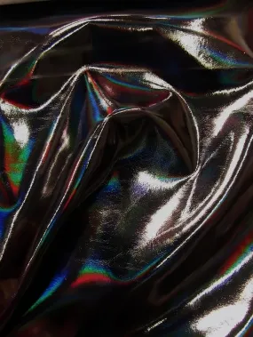 Ultra Holographic Glossy Patent Spandex Vinyl Fabric / Black / Sold By The Yard