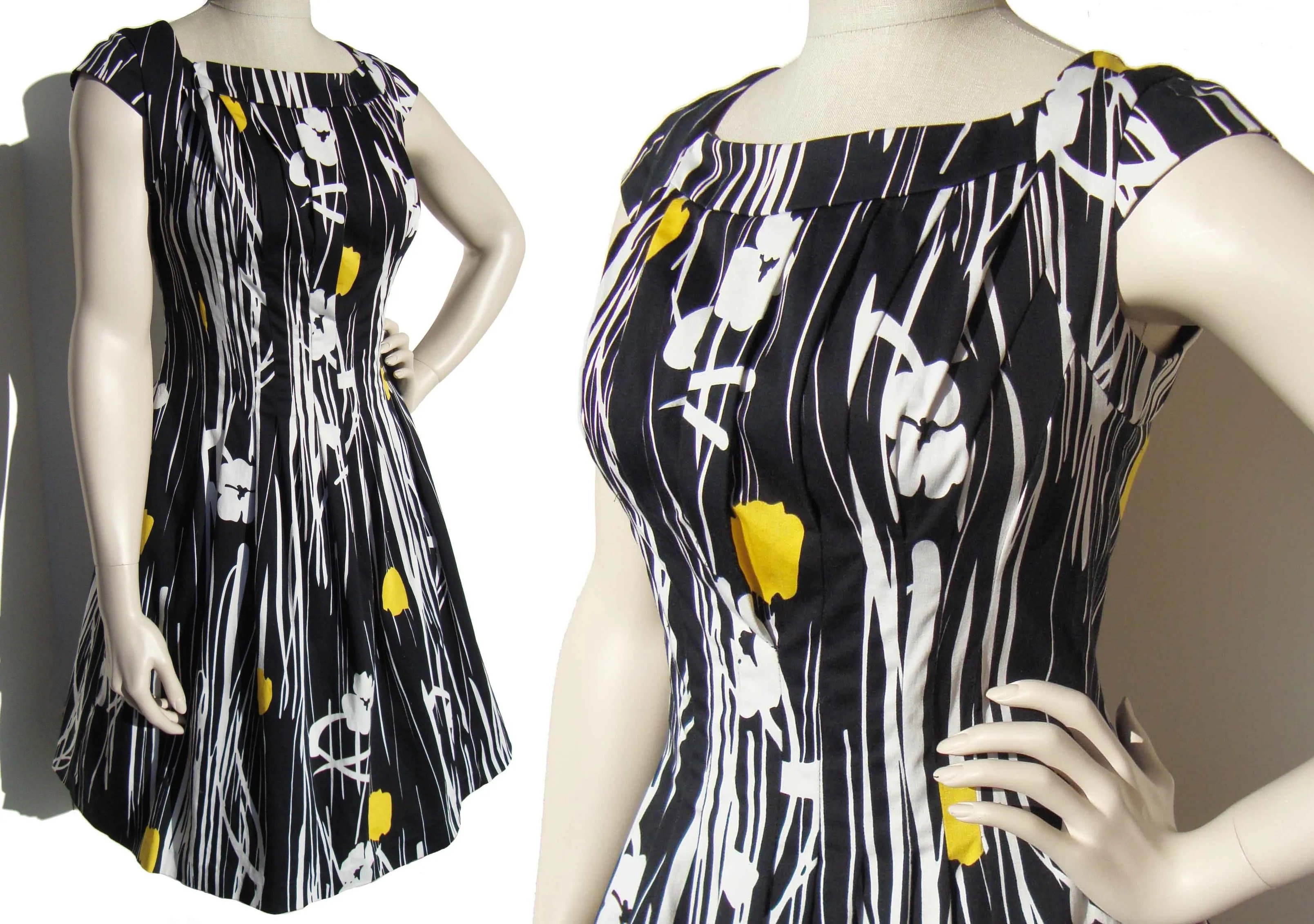 Vintage Kay Unger Dress Black White Floral Sundress M