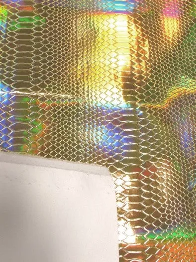 Viper Snake Holographic Embossed PVC Vinyl Fabric / Gold / Sold By The Yard