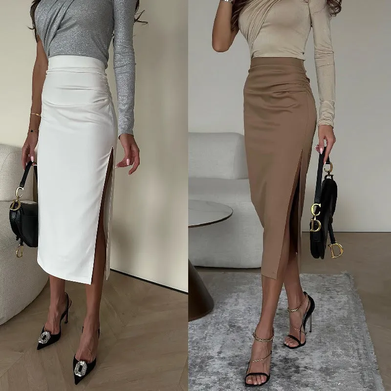 Wenkouban 2024 fall fashion trends 2024 New Fashion Split Solid Color Stretch Slim Skirt