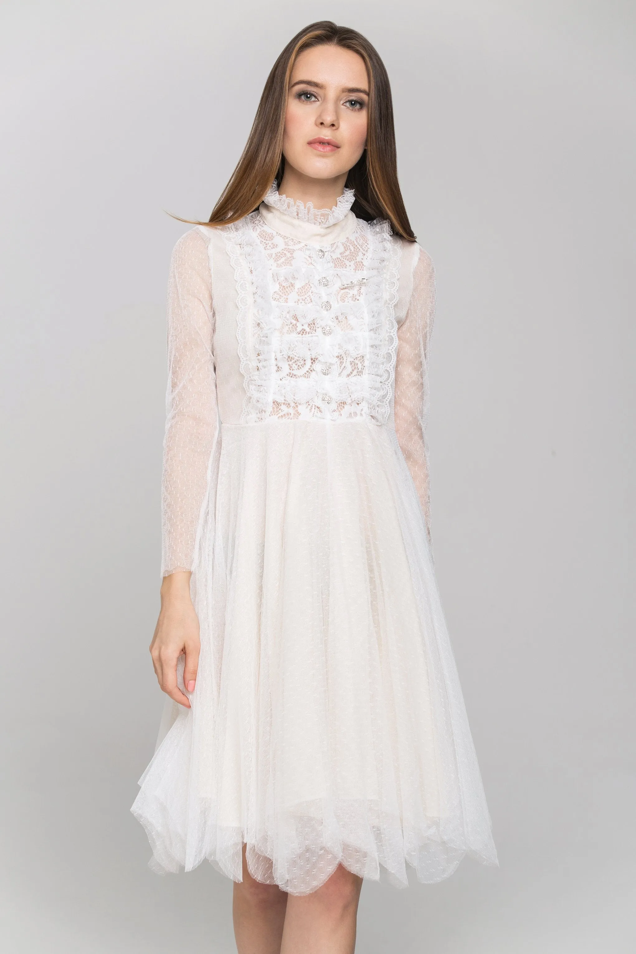 White Sheer Sleeves Lace Bib Midi Dress