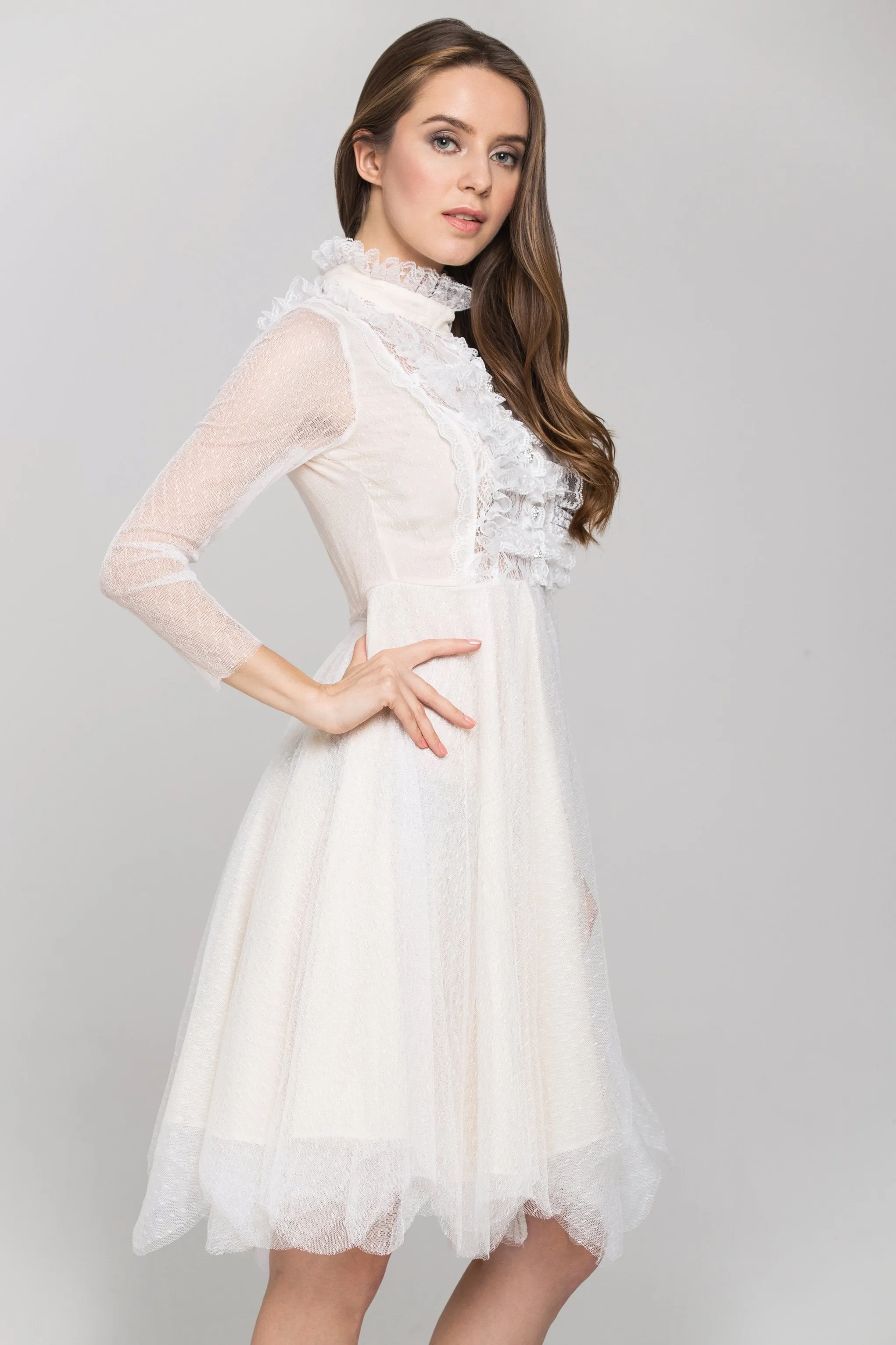 White Sheer Sleeves Lace Bib Midi Dress