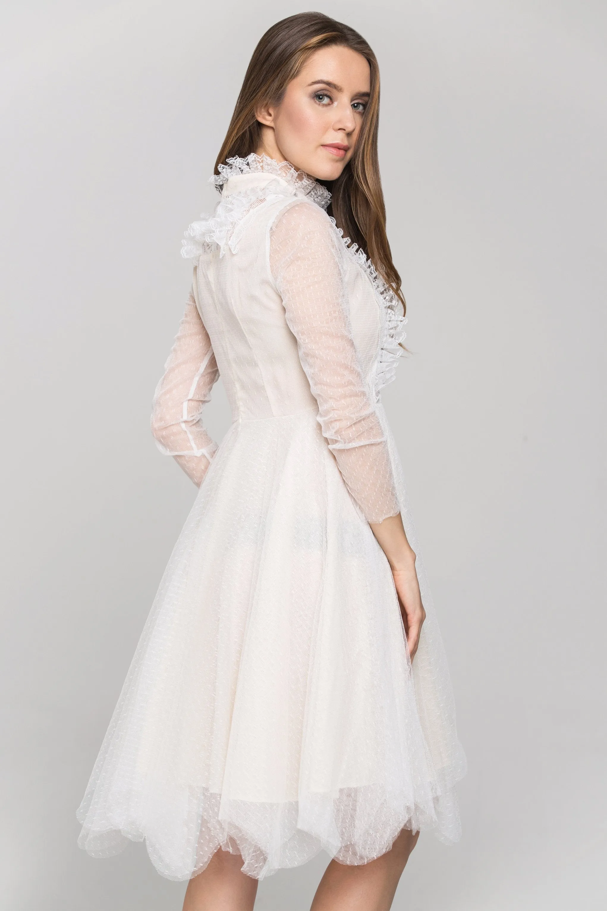 White Sheer Sleeves Lace Bib Midi Dress