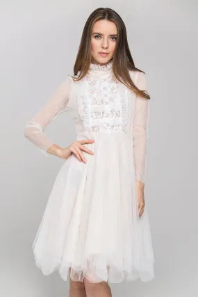 White Sheer Sleeves Lace Bib Midi Dress