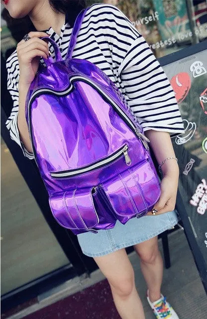 women backpack silver hologram backpack laser back pack men's bag leather holographic daypack sac a dos mochila masculina