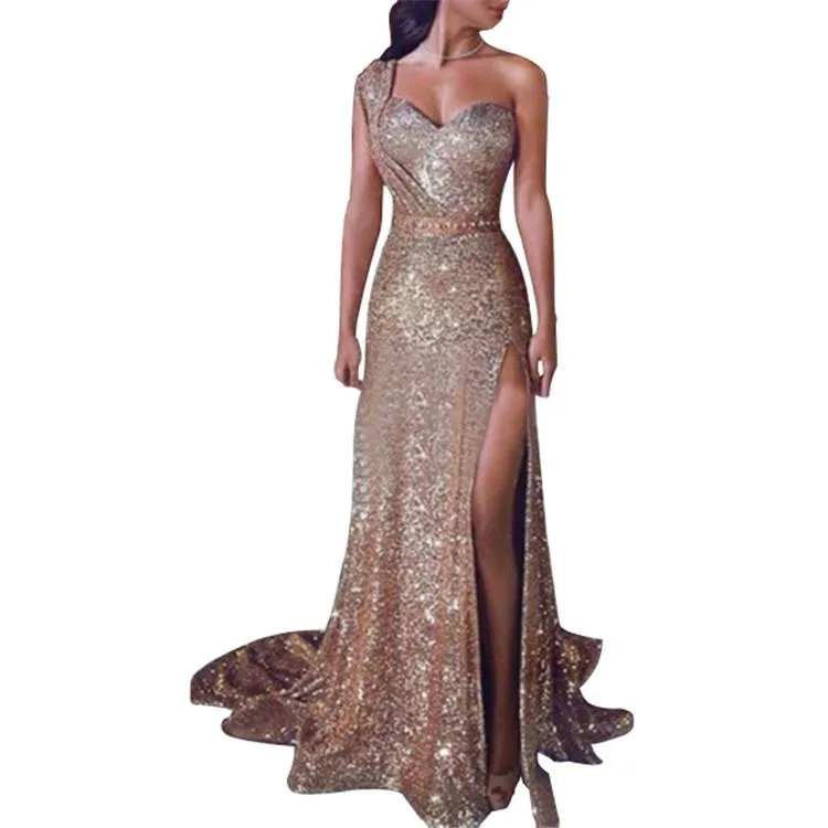 Women maxi sequin one shoulder slit sexy evening party dresses