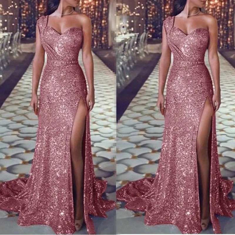 Women maxi sequin one shoulder slit sexy evening party dresses