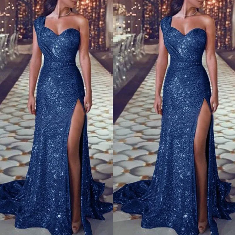 Women maxi sequin one shoulder slit sexy evening party dresses