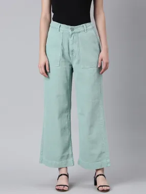 Women Sea Green Solid Wide Leg Denim Jeans