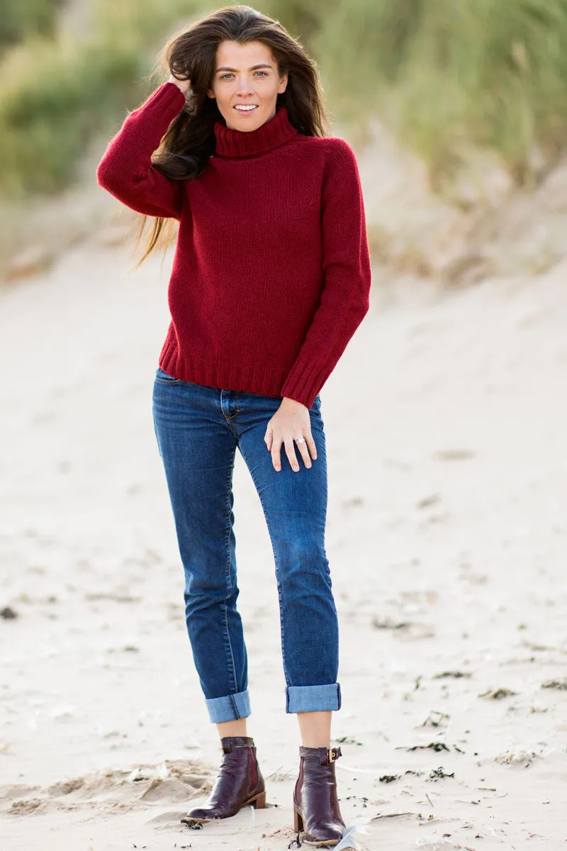 Womens Chunky Geelong Superfine Lambswool Polo Neck Jumper - Red