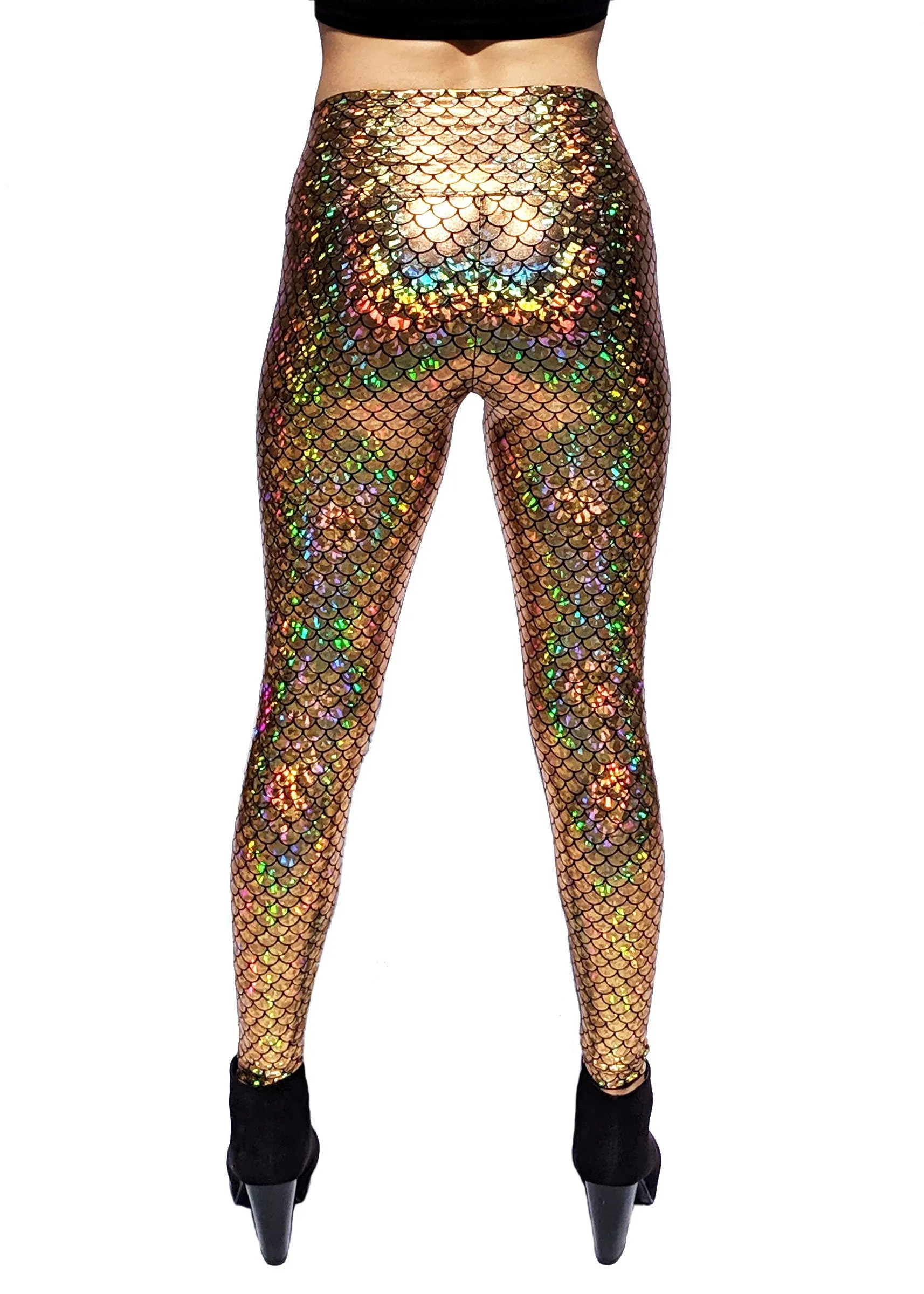 Women's Gold Mermaid Holographic Leggings - Mesmerizing Mermaid - Fish Scale