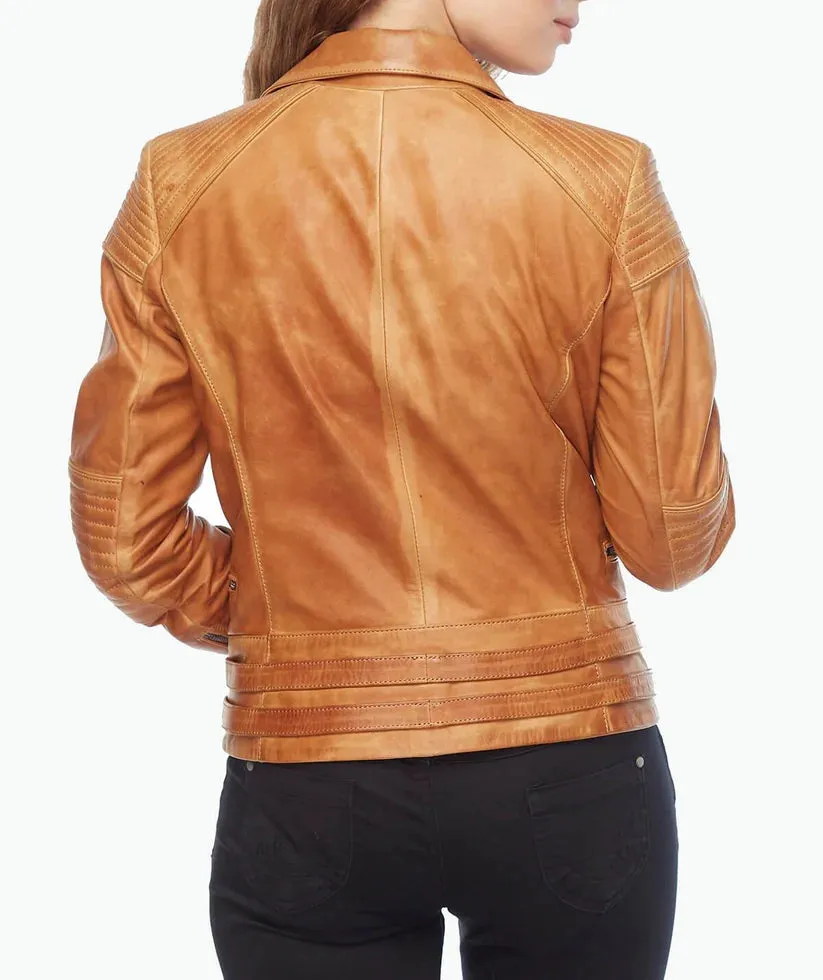 Womens Motorcycle Tan Brown Lambskin Leather Jacket