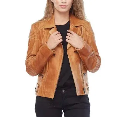 Womens Motorcycle Tan Brown Lambskin Leather Jacket