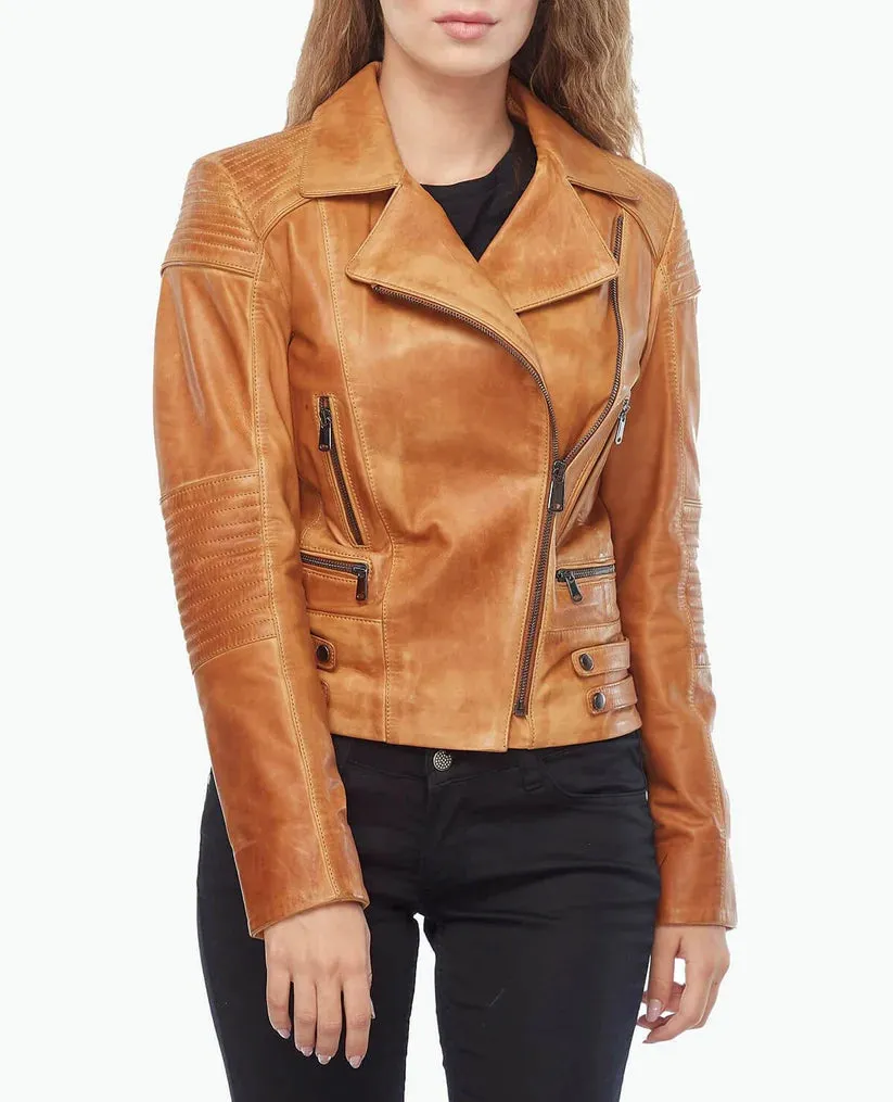 Womens Motorcycle Tan Brown Lambskin Leather Jacket