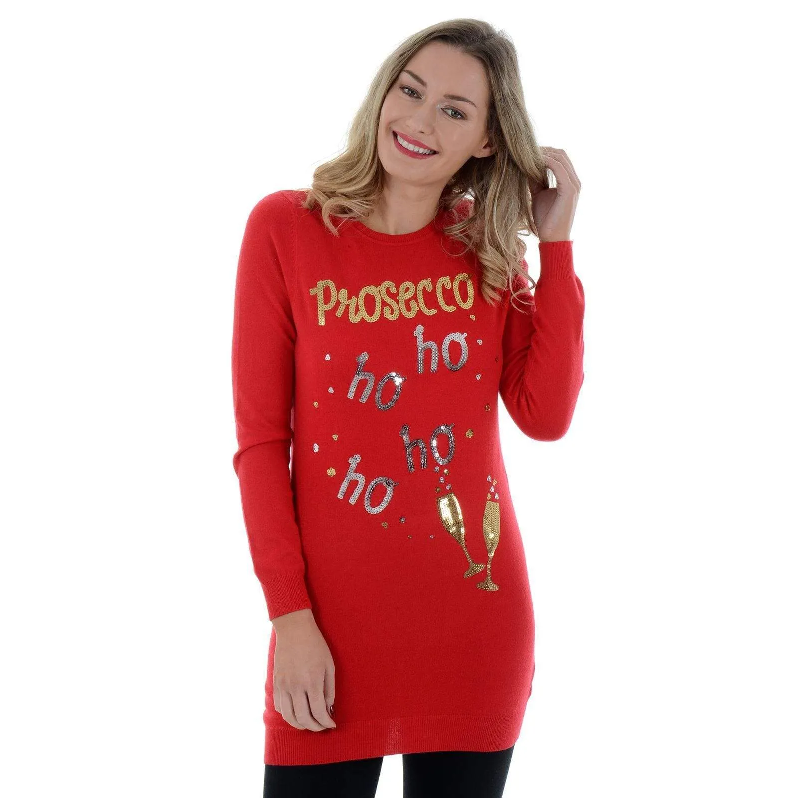 Womens Novelty Sequin Prosecco HO HO HO Tunic Christmas Jumper