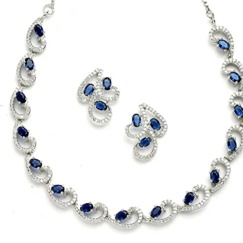 ZENEME Rhodium-Plated with Silver-Toned Blue and White Cubic Zirconia & American Diamond studded Necklace and Drop Earrings Jewellery Set (Blue) For Women