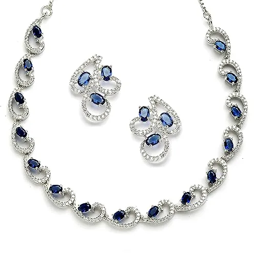 ZENEME Rhodium-Plated with Silver-Toned Blue and White Cubic Zirconia & American Diamond studded Necklace and Drop Earrings Jewellery Set (Blue) For Women