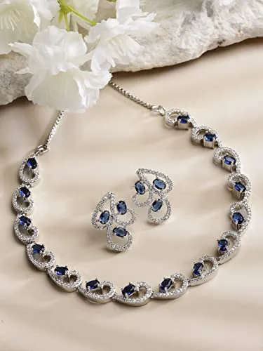 ZENEME Rhodium-Plated with Silver-Toned Blue and White Cubic Zirconia & American Diamond studded Necklace and Drop Earrings Jewellery Set (Blue) For Women