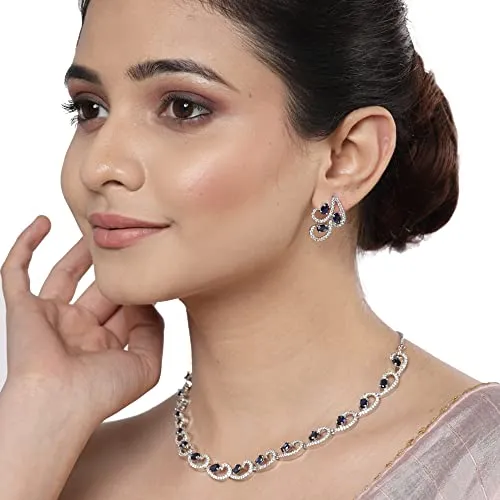 ZENEME Rhodium-Plated with Silver-Toned Blue and White Cubic Zirconia & American Diamond studded Necklace and Drop Earrings Jewellery Set (Blue) For Women